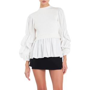 English Factory Women’s Mixed Media Top, Ivory Combo, XL