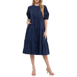 English Factory Women’s Short Puff Sleeve Midi Dress(Navy)