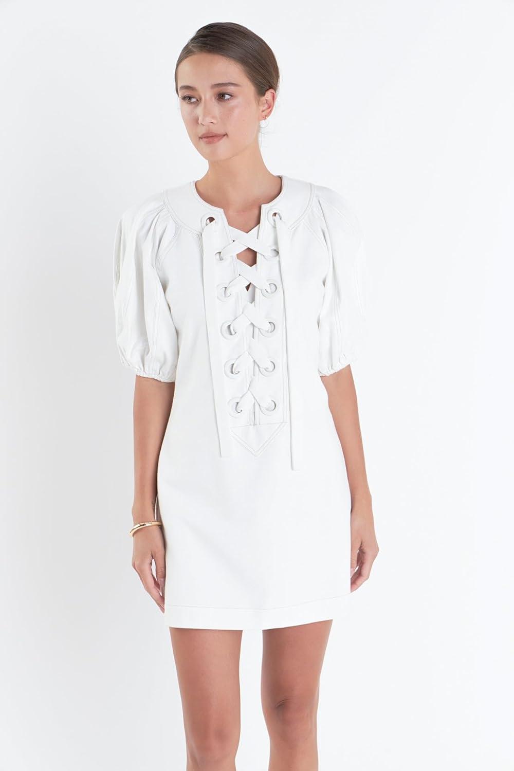 image:imageEnglish Factory Womens Laced Up Puffed Sleeve Mini DressOffwhite