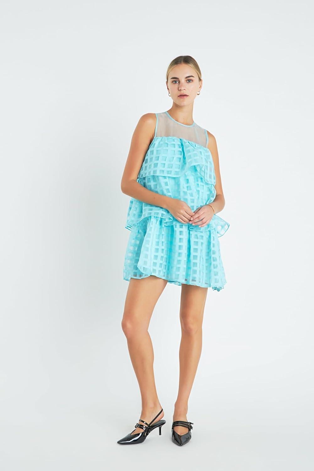 image:imageEnglish Factory Womens Organza Gridded Tiered Sleeveless Mini DressAqua