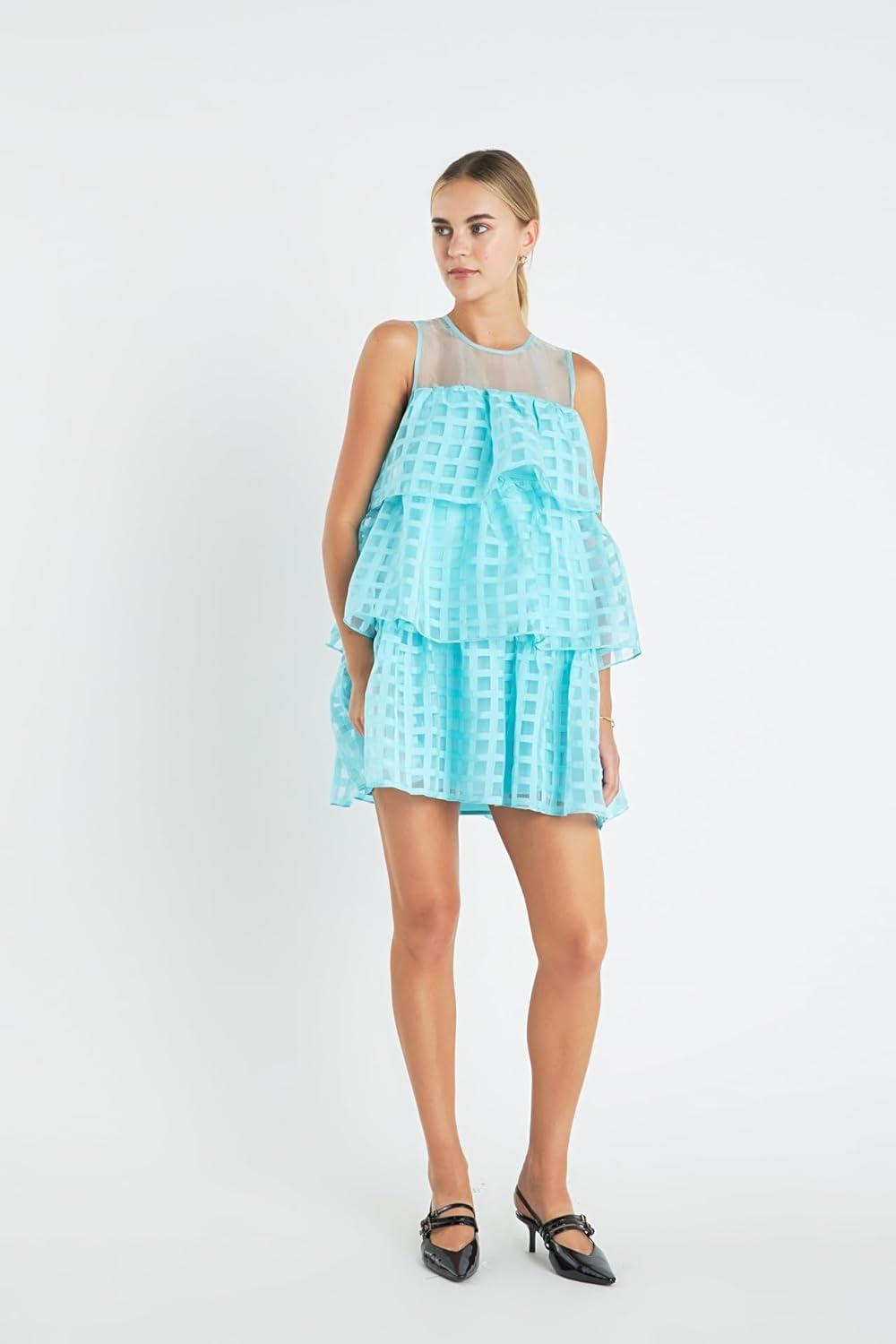 image:imageEnglish Factory Womens Organza Gridded Tiered Sleeveless Mini DressAqua