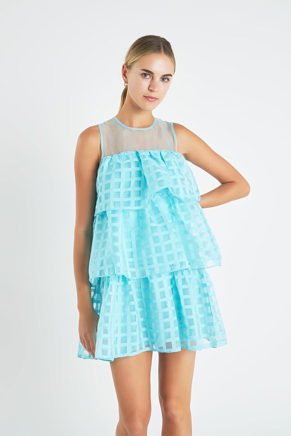 image:imageEnglish Factory Womens Organza Gridded Tiered Sleeveless Mini DressAqua