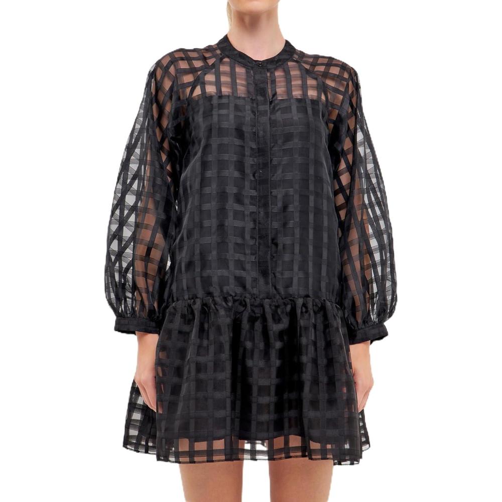 image:imageEnglish Factory Womens Check Organza Buttoned Long sleeves Mini Dress Black XS