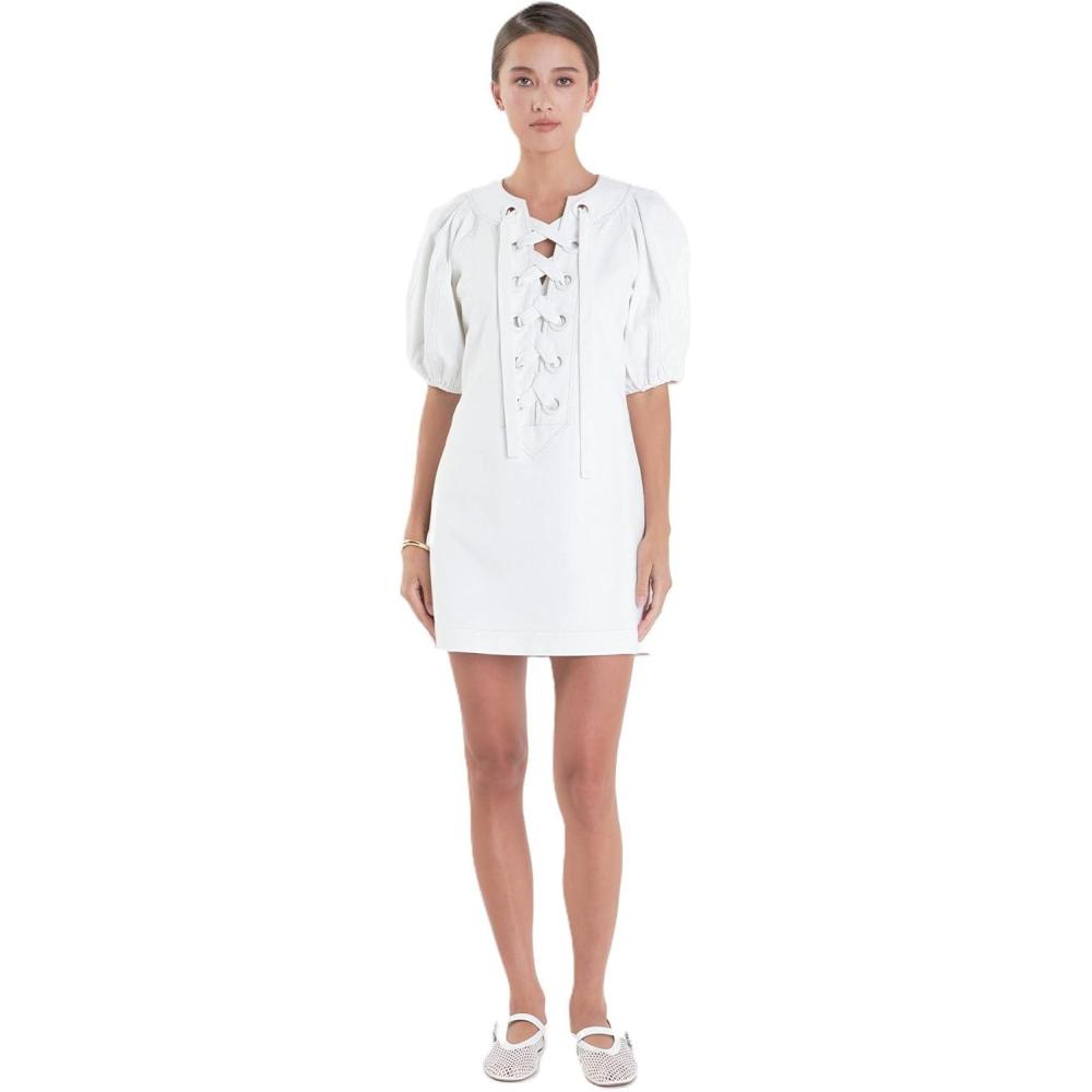 image:imageEnglish Factory Womens Laced Up Puffed Sleeve Mini DressOffwhite