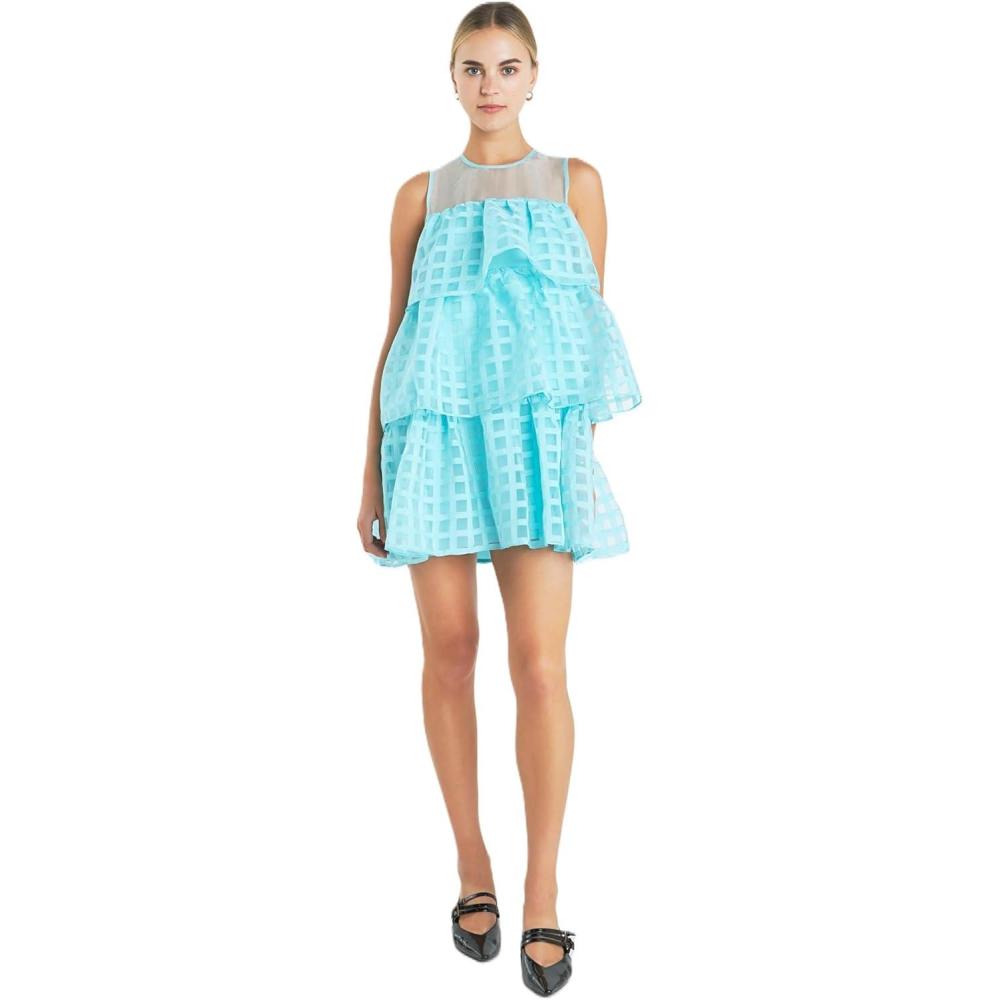 image:imageEnglish Factory Womens Organza Gridded Tiered Sleeveless Mini DressAqua