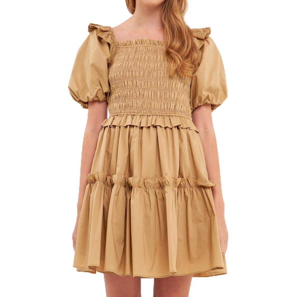 image:imageEnglish Factory Womens Poplin Smocked Ruffled Puff sleeves Mini Dress Tawny S