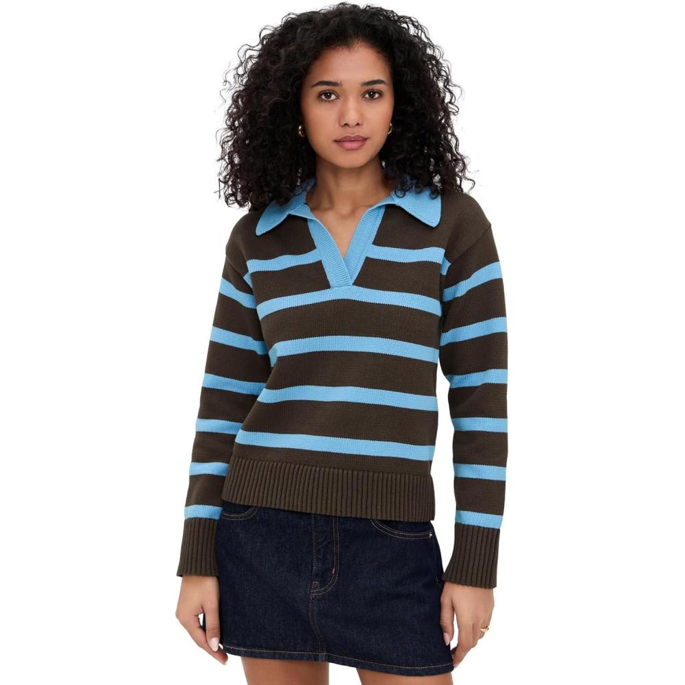 image:imageEnglish Factory Womens Striped Collared SweaterDark BrownLight Blue