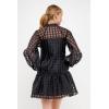 English Factory Women’s Check Organza Buttoned Long sleeves Mini Dress, Black, XS