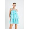 English Factory Women’s Organza Gridded Tiered Sleeveless Mini Dress(Aqua)