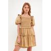 English Factory Women’s Poplin Smocked Ruffled Puff sleeves Mini Dress, Tawny, S