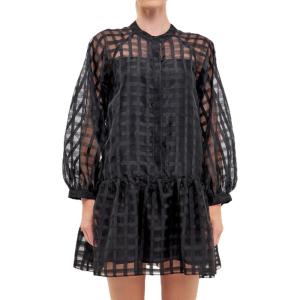 English Factory Women’s Check Organza Buttoned Long sleeves Mini Dress, Black, XS