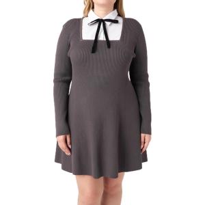 English Factory Women’s Mixed Media Fit and Flare Sweater Mini Dress, Grey, 3X