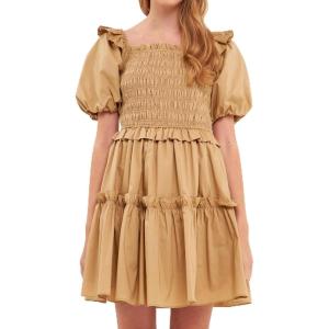 English Factory Women’s Poplin Smocked Ruffled Puff sleeves Mini Dress, Tawny, S
