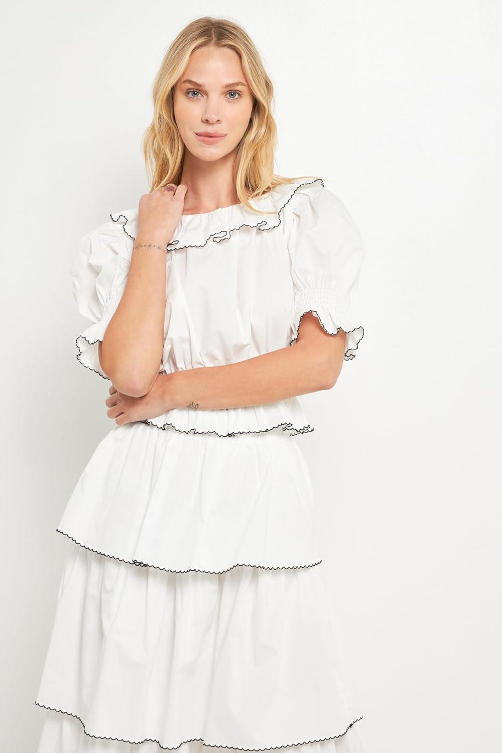 image:imageEnglish Factory Womens Picot Stitched Poplin Top Off White S