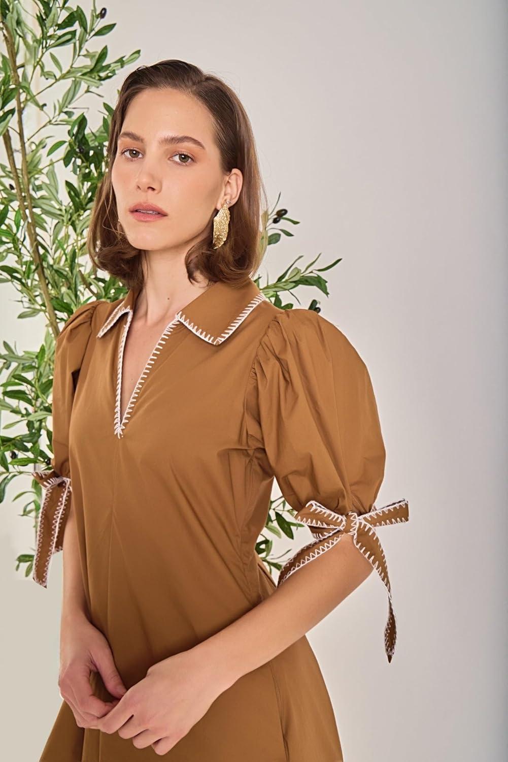 image:imageEnglish Factory Womens Stitch Detailed Midi DressBrown