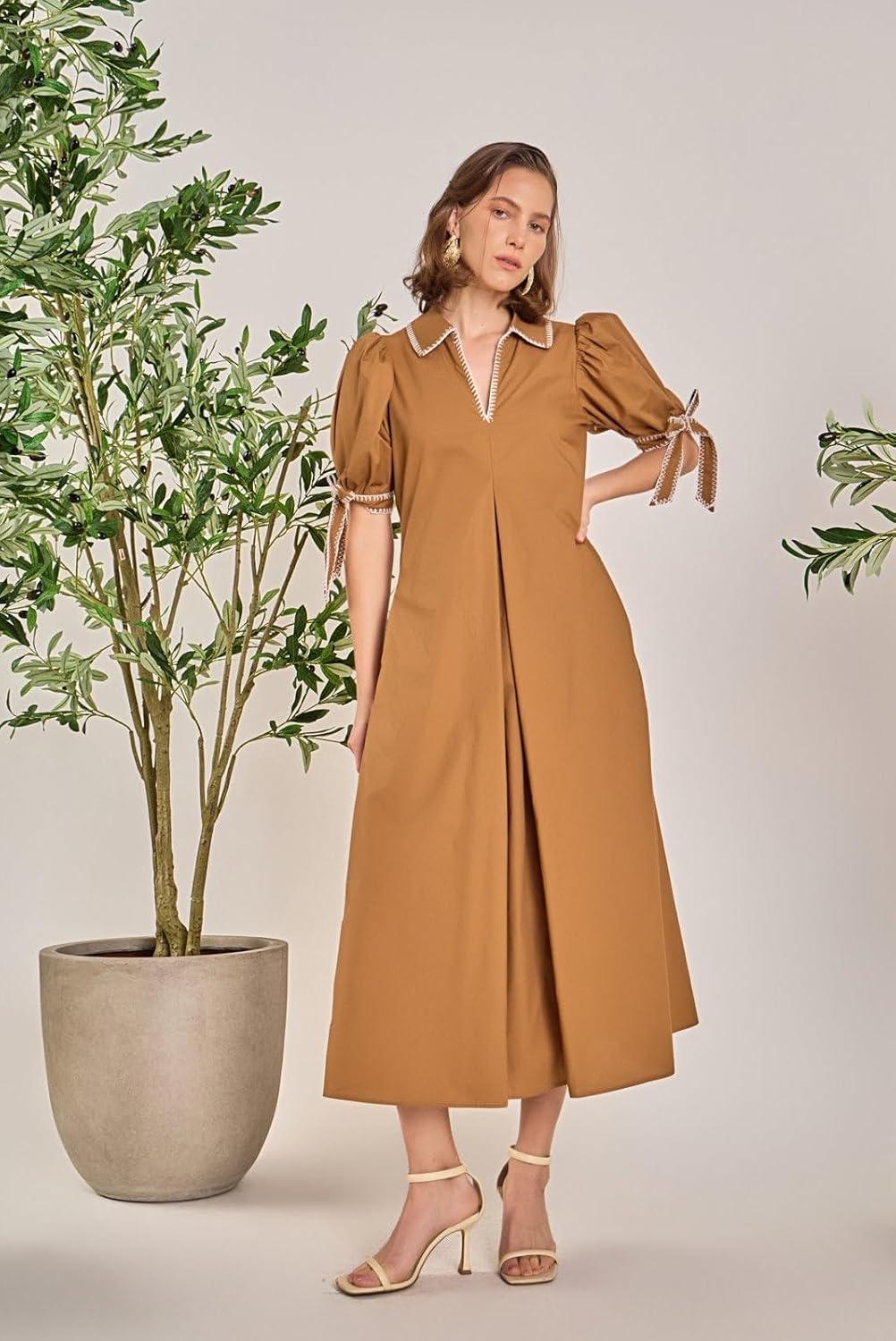 image:imageEnglish Factory Womens Stitch Detailed Midi DressBrown
