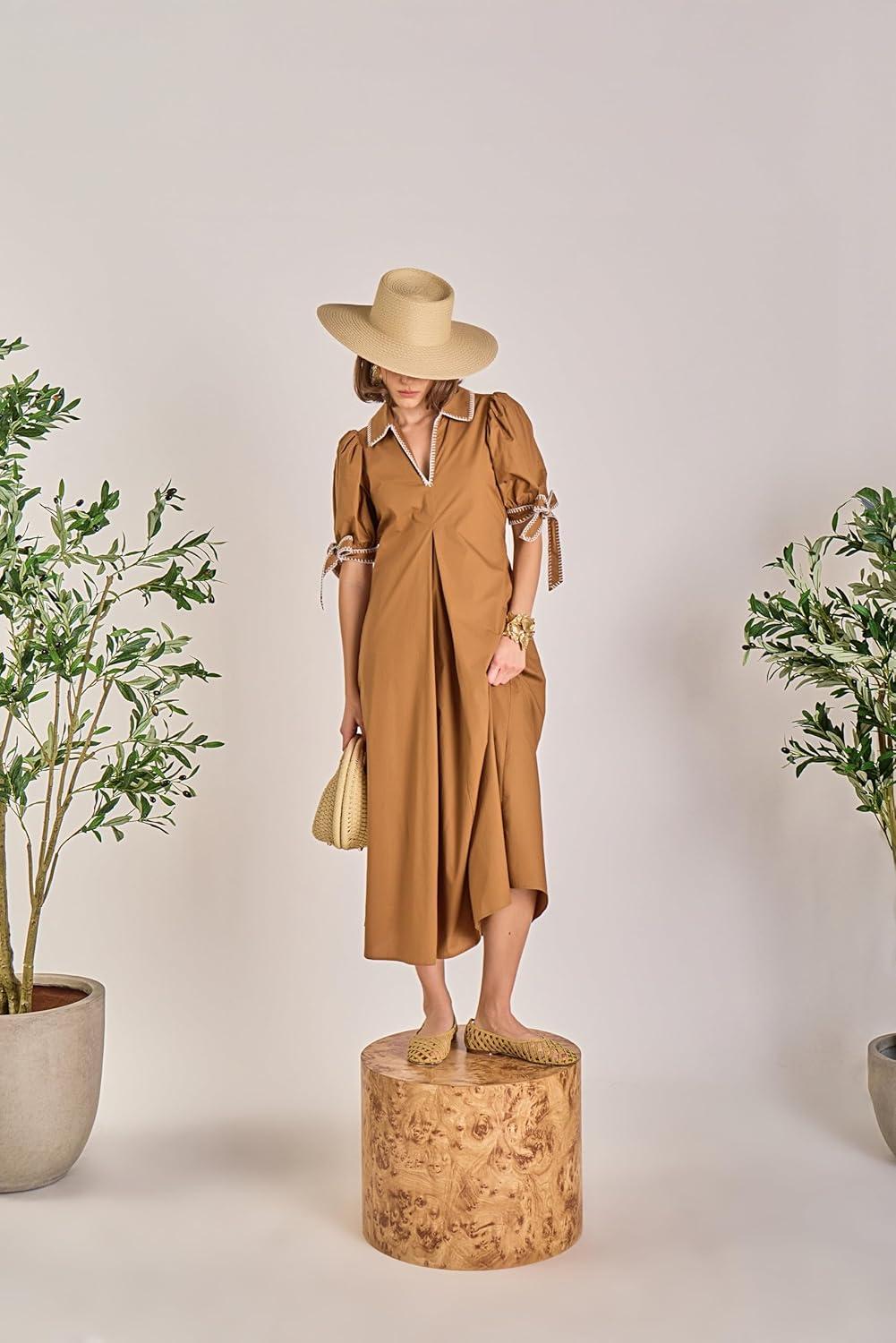 image:imageEnglish Factory Womens Stitch Detailed Midi DressBrown