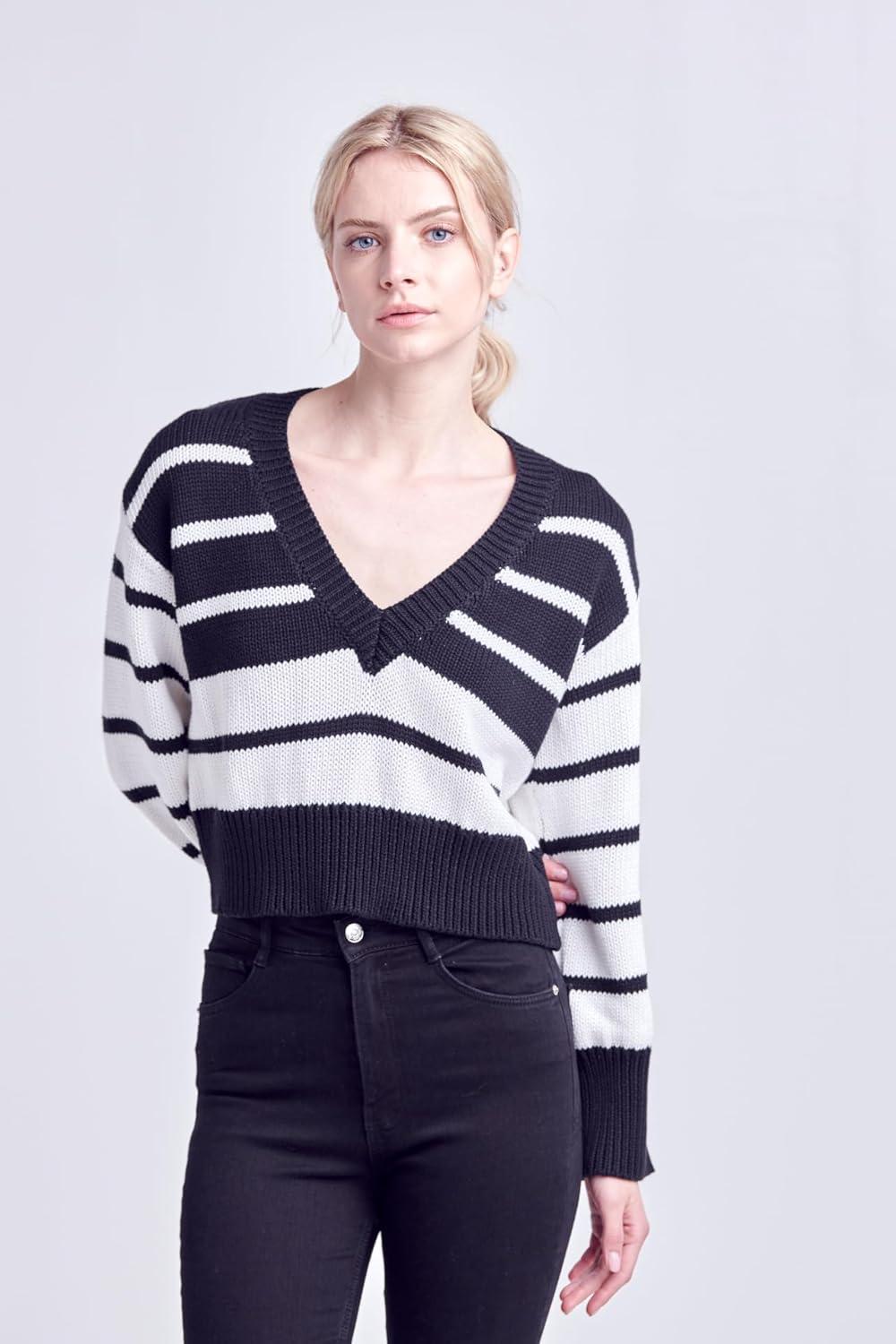 image:imageEnglish Factory Womens VNeck Striped Sweater BlackWhite M