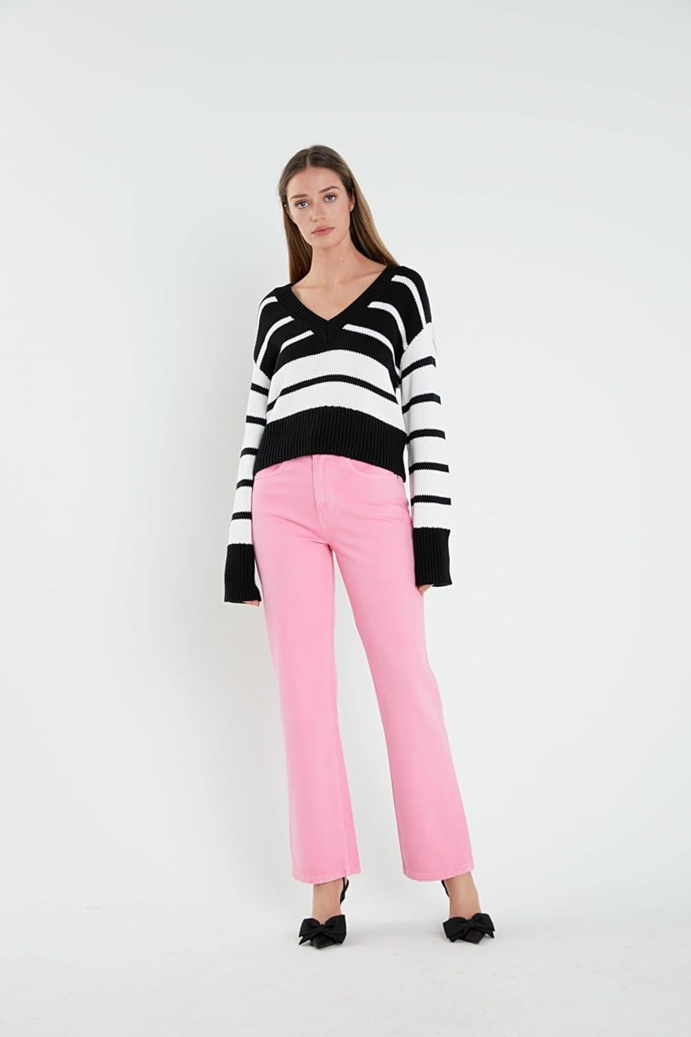 image:imageEnglish Factory Womens VNeck Striped Sweater BlackWhite M