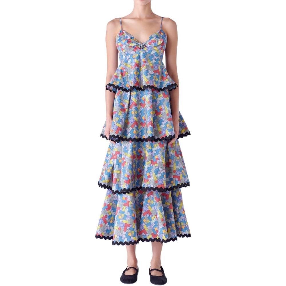 image:imageEnglish Factory Grid Print Tiered Maxi Dress with Ric Rac Trim Multi XS