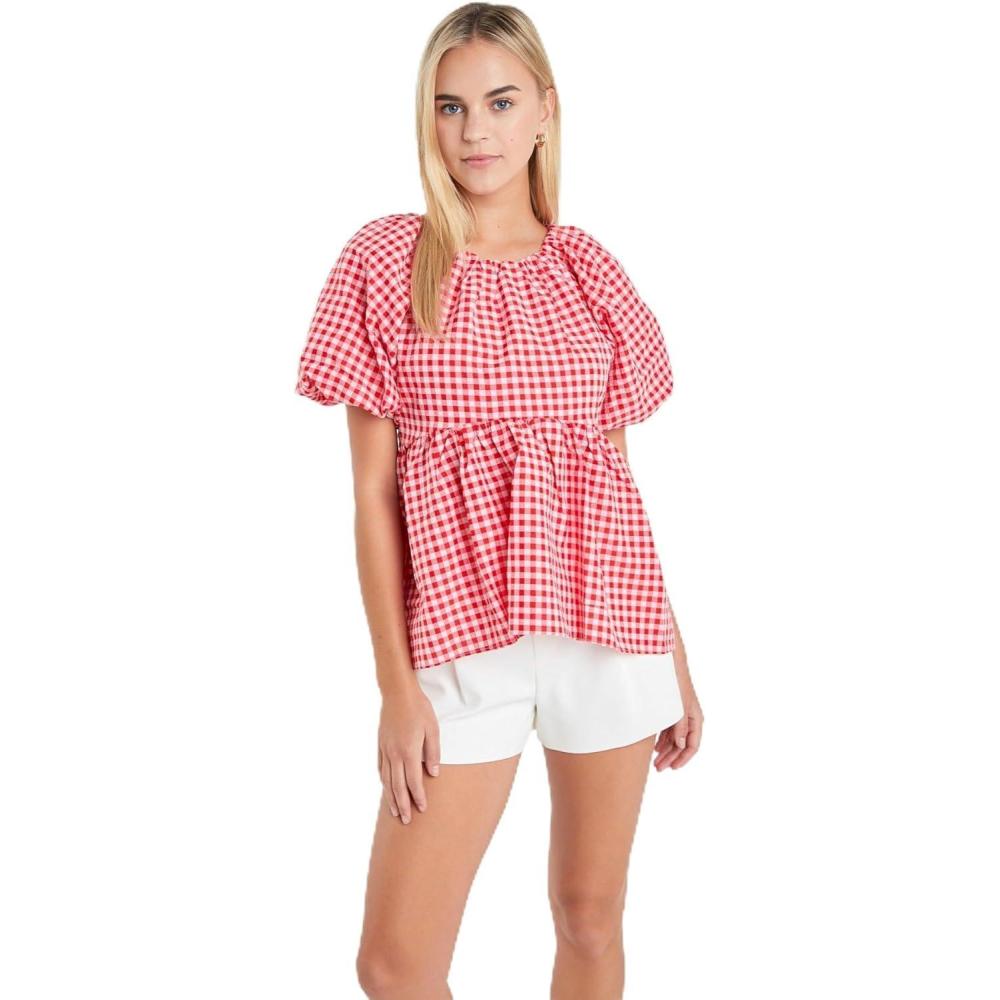 image:imageEnglish Factory Womens Gingham Neck Shirred Flowy Top PinkRed L