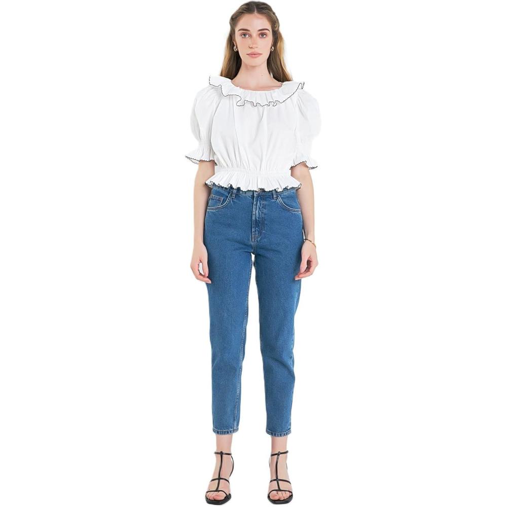 image:imageEnglish Factory Womens Picot Stitched Poplin Top Off White S