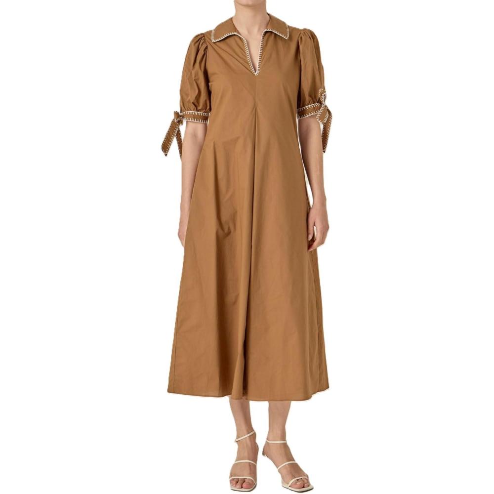 image:imageEnglish Factory Womens Stitch Detailed Midi DressBrown