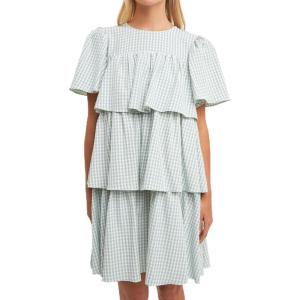 English Factory Women’s Gingham Print Tiered Midi Dress, Green/White, L