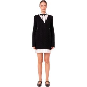 English Factory Women’s Mixed Media Cable Knit Sweater Dress(Black)