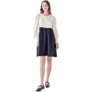 English Factory Women’s Textured Baby Doll Dress(Ivory/Black)