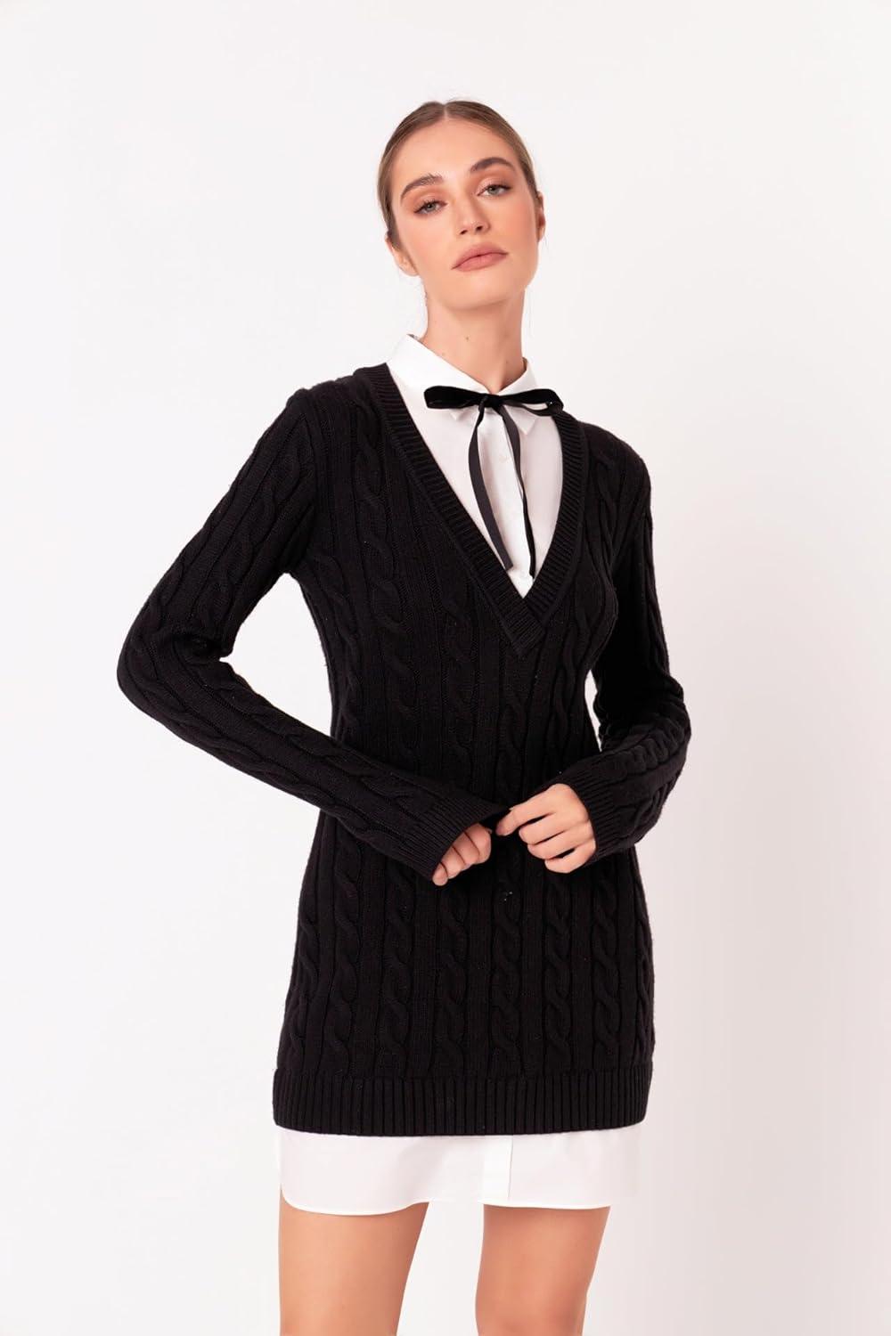 image:imageMixed Media Cable Knit VNeck Drop Sweater Dress