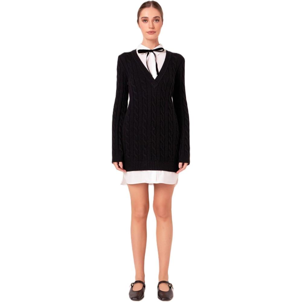 image:imageMixed Media Cable Knit VNeck Drop Sweater Dress