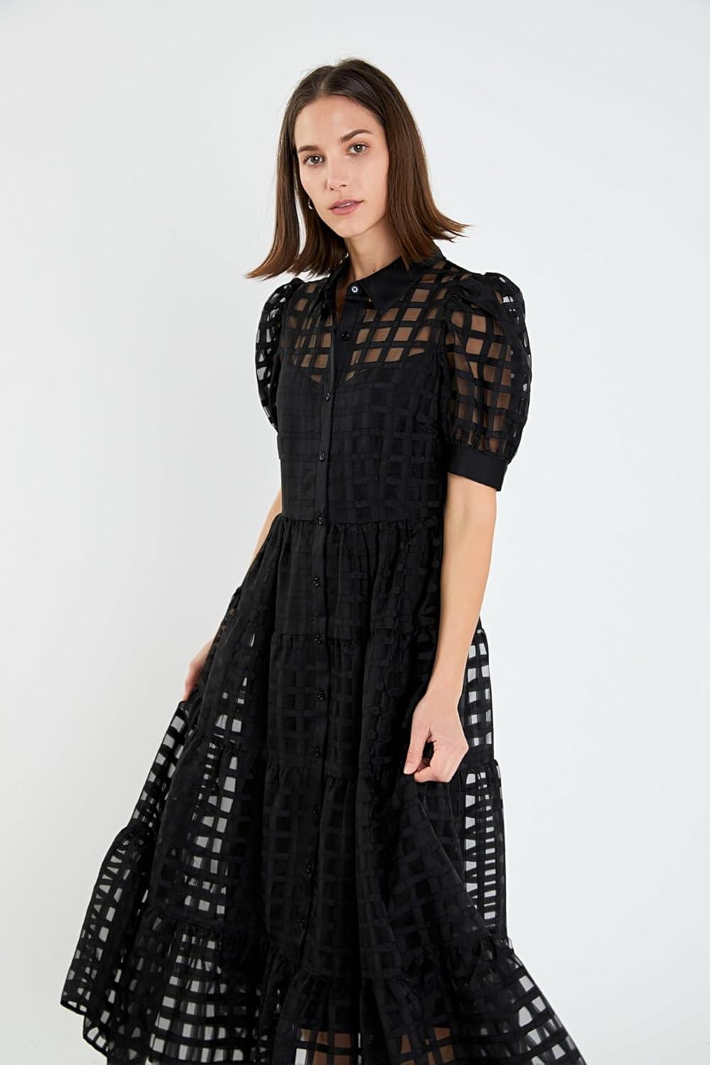 image:imageEnglish Factory Womens Collar Neckline Gridded Organza Tiered Short Puff Sleeve Buttoned ALine Maxi Dress Black XS