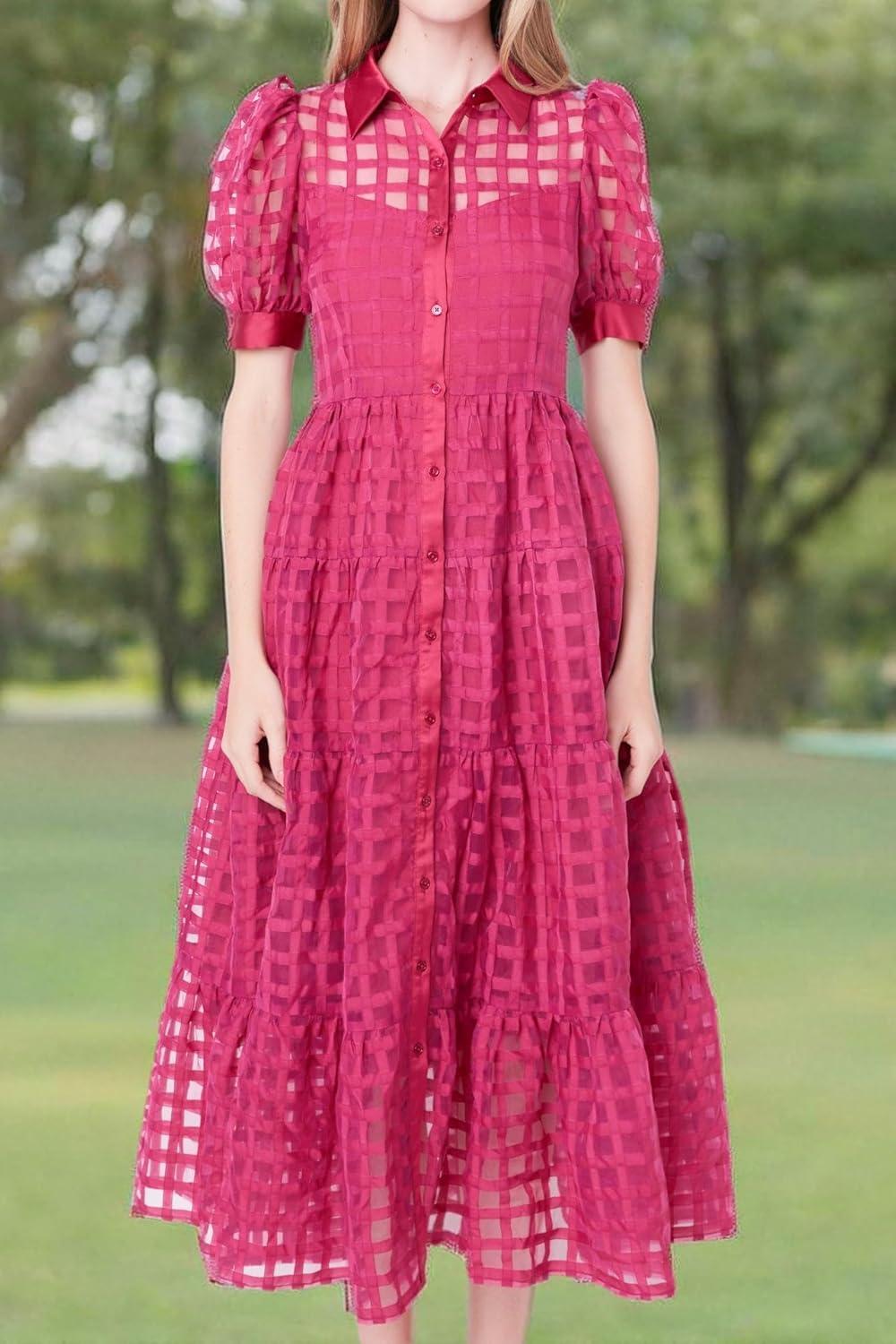 image:imageEnglish Factory Womens Collar Neckline Gridded Organza Tiered Short Puff Sleeve Buttoned ALine Maxi Dress Bordeaux M