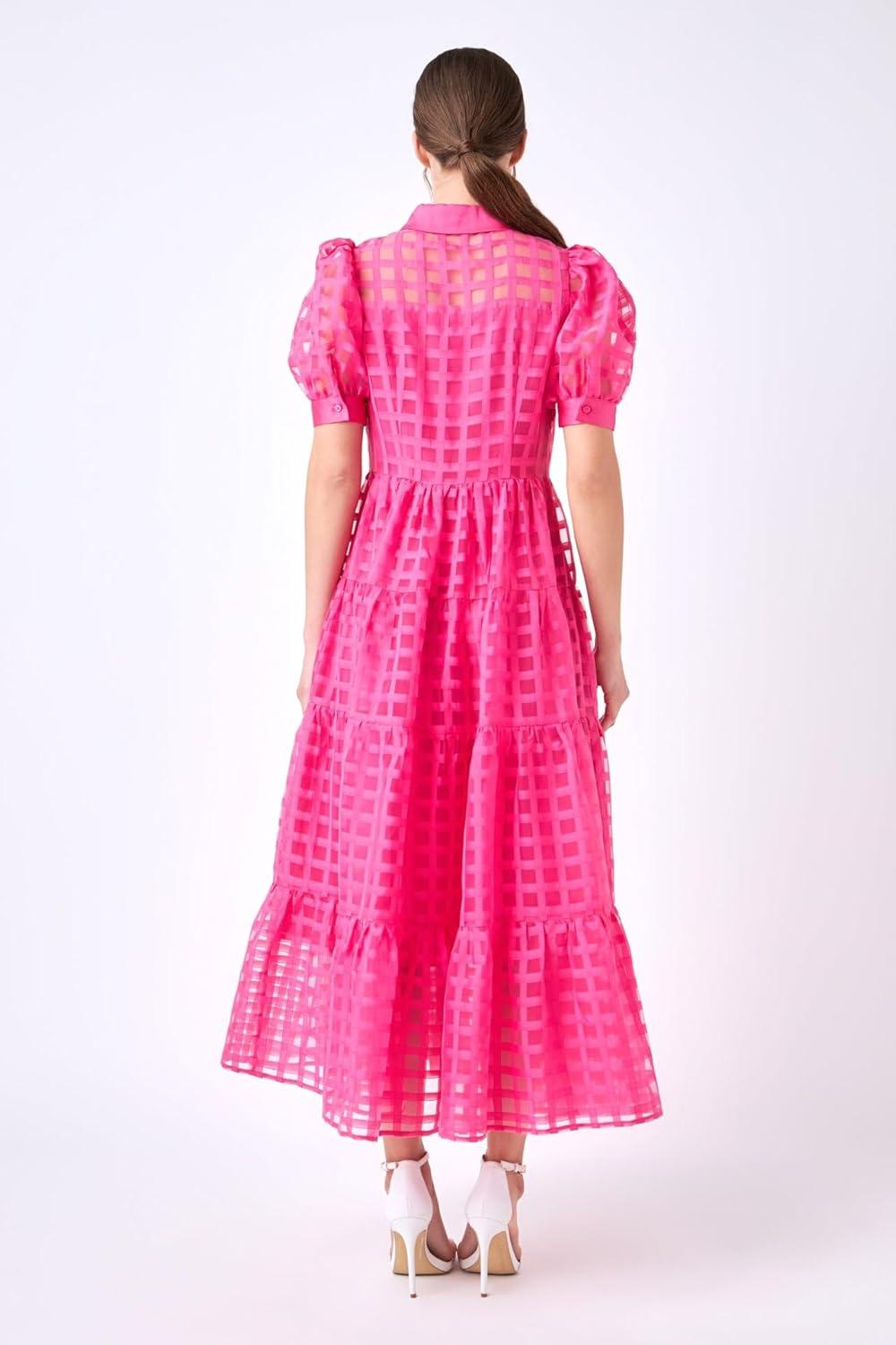 image:imageEnglish Factory Womens Collar Neckline Gridded Organza Tiered Short Puff Sleeve Buttoned ALine Maxi Dress Fuchsia XS