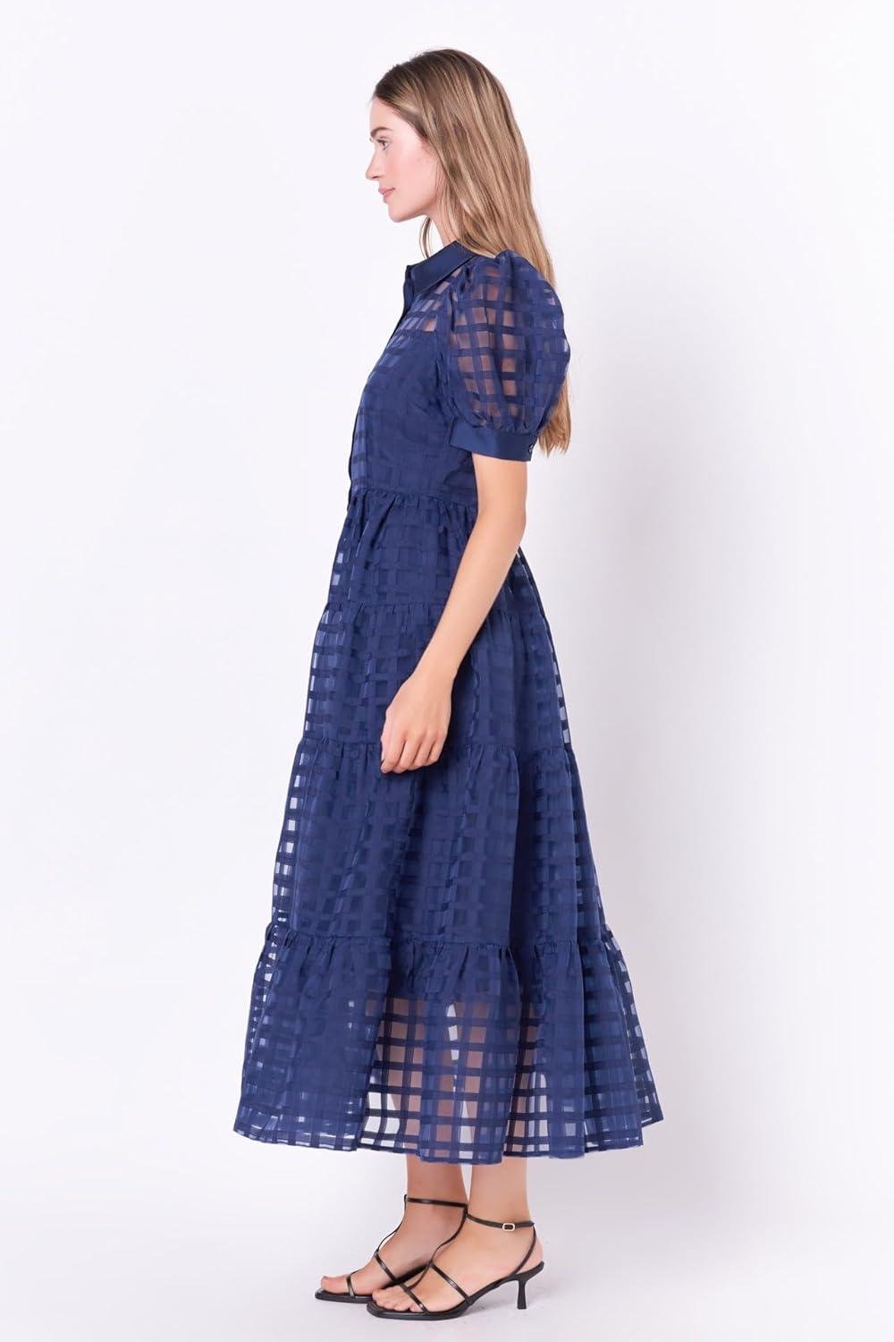 image:imageEnglish Factory Womens Collar Neckline Gridded Organza Tiered Short Puff Sleeve Buttoned ALine Maxi Dress Navy S