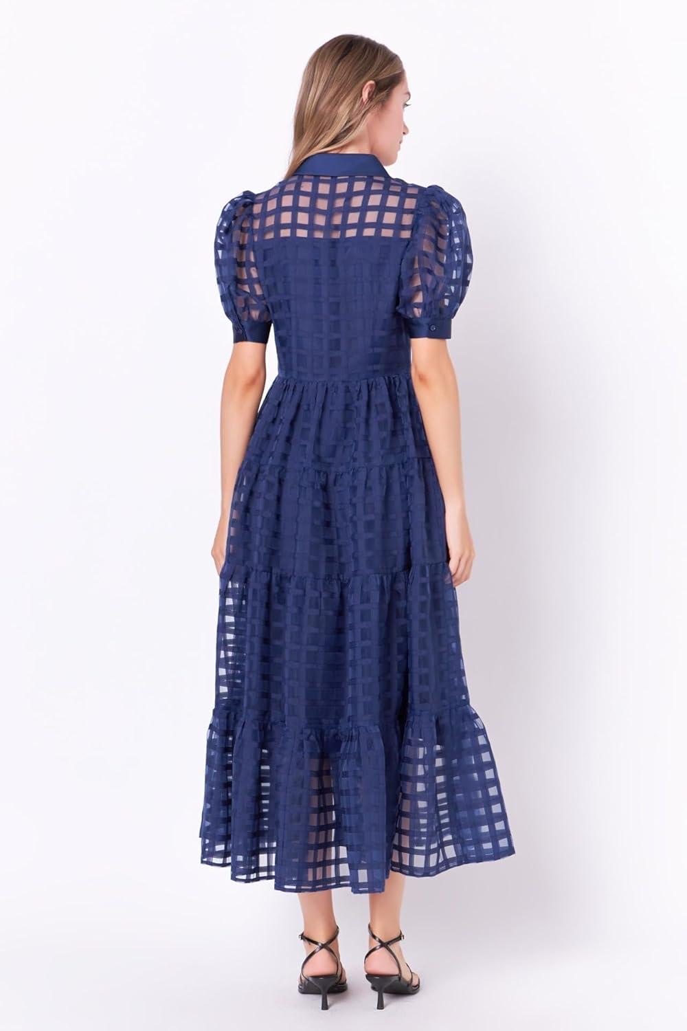 image:imageEnglish Factory Womens Collar Neckline Gridded Organza Tiered Short Puff Sleeve Buttoned ALine Maxi Dress Navy S