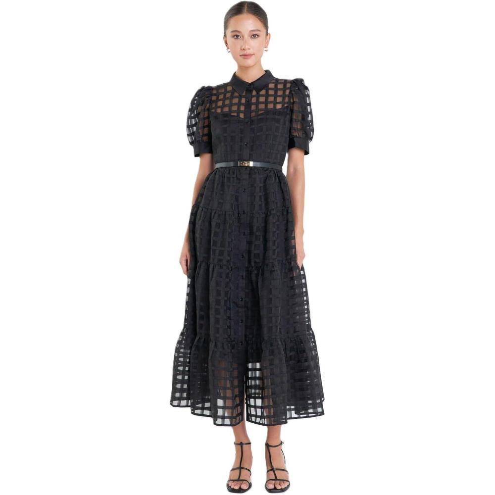 image:imageEnglish Factory Womens Collar Neckline Gridded Organza Tiered Short Puff Sleeve Buttoned ALine Maxi Dress Black XS