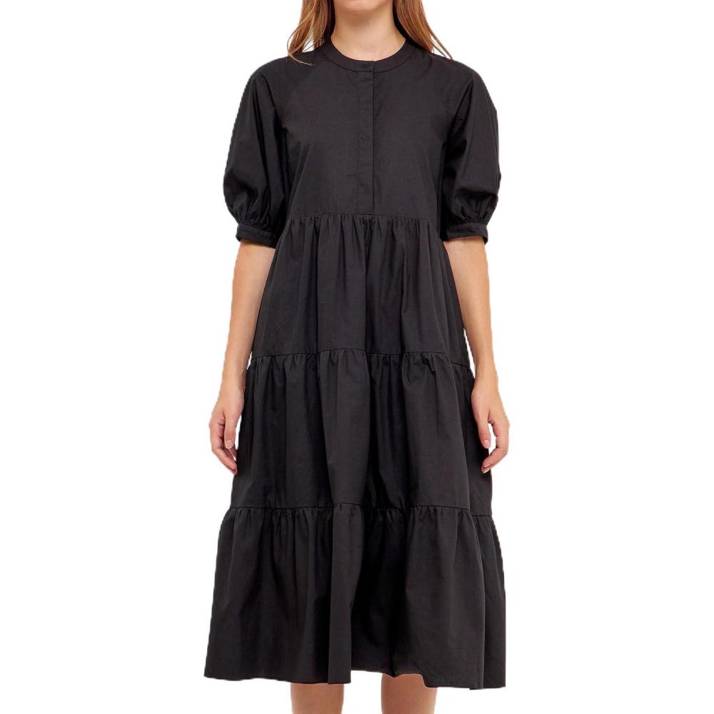 image:imageTiered Midi Dress with Puff Sleeves by ENGLISH FACTORYBlack