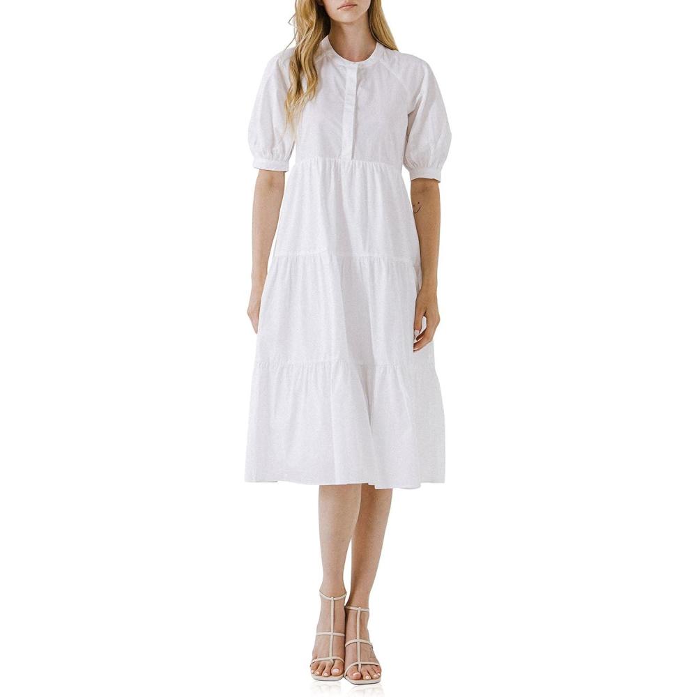 image:imageTiered Midi Dress with Puff Sleeves by ENGLISH FACTORYWhite