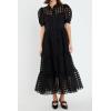 English Factory Women’s Collar Neckline Gridded Organza Tiered Short Puff Sleeve Buttoned A-Line Maxi Dress, Black, M