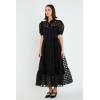 English Factory Women’s Collar Neckline Gridded Organza Tiered Short Puff Sleeve Buttoned A-Line Maxi Dress, Black, M