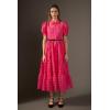 English Factory Women’s Collar Neckline Gridded Organza Tiered Short Puff Sleeve Buttoned A-Line Maxi Dress, Fuchsia, L
