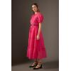 English Factory Women’s Collar Neckline Gridded Organza Tiered Short Puff Sleeve Buttoned A-Line Maxi Dress, Fuchsia, XS