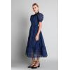 English Factory Women’s Collar Neckline Gridded Organza Tiered Short Puff Sleeve Buttoned A-Line Maxi Dress, Navy, S
