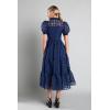 English Factory Women’s Collar Neckline Gridded Organza Tiered Short Puff Sleeve Buttoned A-Line Maxi Dress, Navy, S