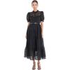 English Factory Women’s Collar Neckline Gridded Organza Tiered Short Puff Sleeve Buttoned A-Line Maxi Dress, Black, XS