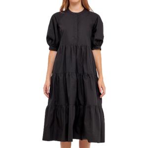 Tiered Midi Dress with Puff Sleeves by ENGLISH FACTORY(Black)