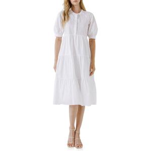 Tiered Midi Dress with Puff Sleeves by ENGLISH FACTORY(White)
