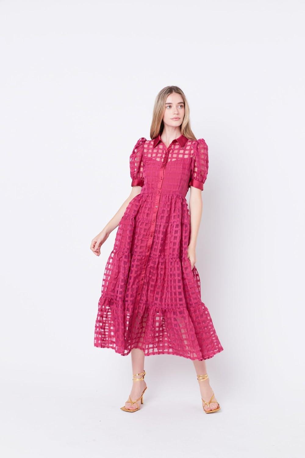 image:imageEnglish Factory Womens Collar Neckline Gridded Organza Tiered Short Puff Sleeve Buttoned ALine Maxi Dress Bordeaux XS